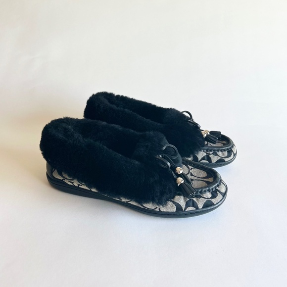 Coach Grey Black Canvas Sheepskin Fur Rubber Outsole Slippers size 7.5 - Picture 1 of 13